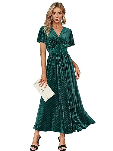Image of Simplee Women's V Neck Velvet Maxi Dress Short Sleeve Empire Waist Long Formal Dress for Wedding Guest