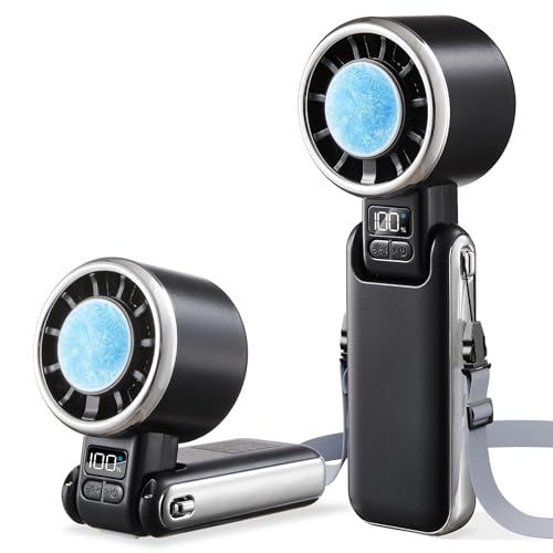 SWEETFULL Tragbarer Handventilator mit Eiskühlung Turbo Ventilator 5 Stufen 4500mAh Mini Ventilator für Hand Hals und Tisch Aufladbar für Sommer Reise und Outdoor (Schwarz)