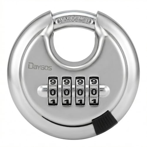 DAYGOS 4 Digit Combination Disc Padlock with Hardened Steel Keyless Heavy Duty Combo Lock for Sheds,Fence,Storage Unit,Trailer,Moving Cube(3/8-in Shackle)