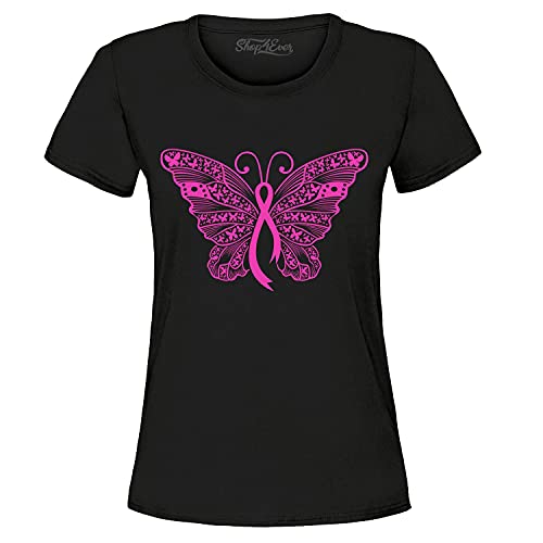 Tee-shirt cancer du sein papillon rose pour femme noir taille 3XL