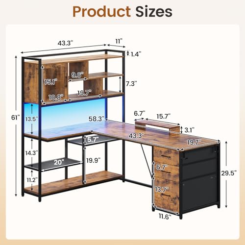 SEDETA-L-Shaped-Computer-Desk-58-Office-Desk-with-3-Drawers-and-Bookshelf-L-Shaped-Corner-Desk-with-Storage-Shelves-and-LED-Light-for-Home-Office-Gaming-Desk-L-Desk-Rustic-Brown