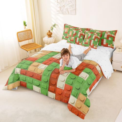 Image of Feelyou Building Block Print 7 Piece Bedding Set Full Size Kids Brick Styles Comforter Set with Sheets for Boys Teens Colorful Gaming Bed in a Bag Green Red Yellow Room Decor