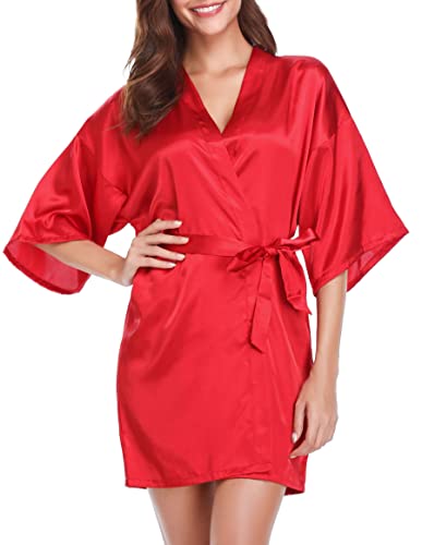 Vlazom Women's Kimono Robes Short Satin Silk Bridal Party Robe With Oblique V-Neck #TOP1