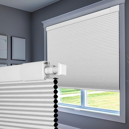 Boolegon No Drill No Tools Cellular Shades Color-Matched Sureness Honeycomb Blinds Easy to Install Cellular Blinds for Windows, Blackout-White, Custom Size
