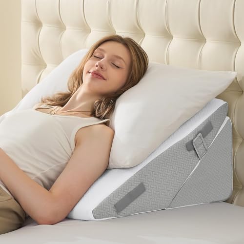 Image of Sasttie Wedge Pillow for After Surgery, Adjustable Bed Wedge Pillow Headboard for Acid Reflux, Sleeping, Neck & Back Support, with Removable Cover, Light Grey & White