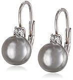 Sterling Silver Simulated Shell Pearl and Cubic Zirconia Leverback Earrings (8mm)