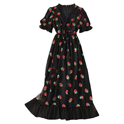 SINGOing Women's Deep V Neck Strawberry Dress Lace Bodycon Evening Party Summer High Waist Long Dress Ladies Net Yarn Long Skirts Summer Plain Cover