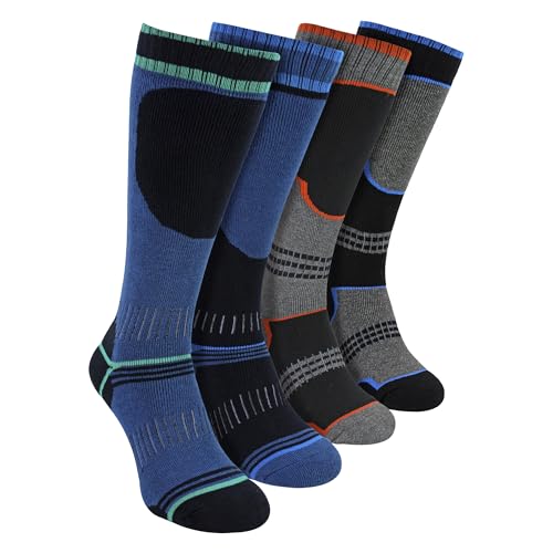 4 Pack Boys Thermal Ski Socks | Sock Snob | Knee High Socks for Snow Boots (7-10 Years, Assorted Colours)