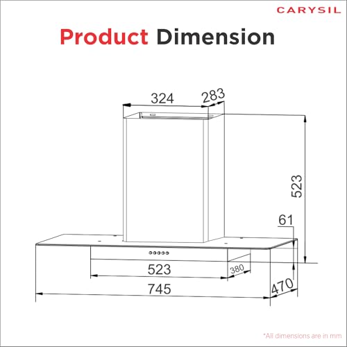 Image of Carysil Gusto 90 cm Kitchen Chimney, 1000 m /hr Suction Capacity, Baffle Filter Autoclean Chimney, 3-speed Touch Controls, Metal Housing, Inox Body & Tempered Finish, 7-year Motor Warranty