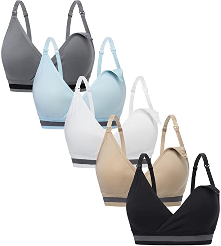 Image of Suekaphin 5Pack Nursing Bra Deep V Neck for Breastfeeding,Seamless Maternity Bralette Wirefree Padded Cup Nursing Bra,Medium,Black/Beige/White/LightBlue/Gray