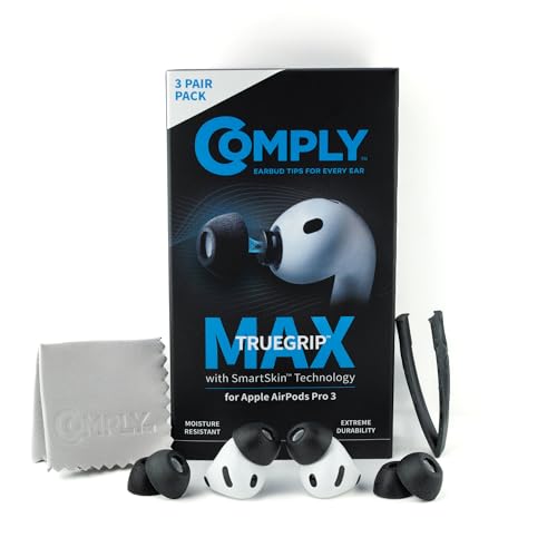 Comply TrueGrip MAX | Premium Memory Foam Replacement Earbud Tips for Apple AirPods Pro Gen 3 | Long Lasting Comfort, MAX Durability, Secure Fit, Superior Noise Isolation| Black (Large) (3 Pairs)