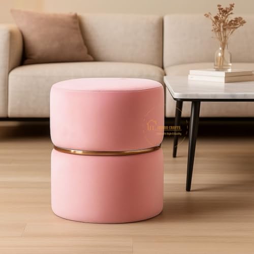 Image of Wooden Puffy Stool for Living Room Round Footstool - Ottoman Stool for Living Room Furniture Round Ottoman - Sitting Pouffe Ottoman Stool /Room Dcor /Office Stool - (Set of 2 Pink)