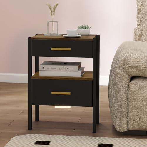 Image of Solid Wood Nightstand with 2 Drawers and Open Shelf Bedside Table End Table
