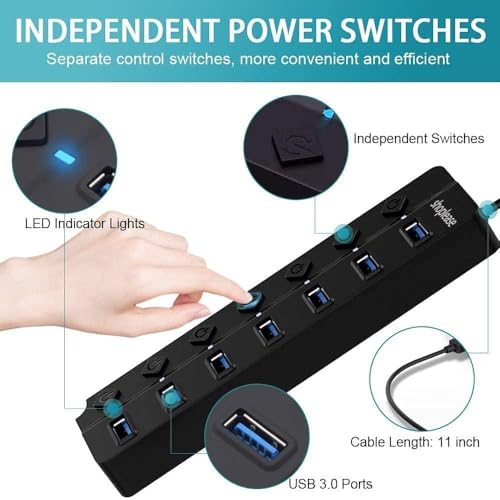 Image of USB Hub 3.0 7-Port with 5Gbps High-Speed Data Transfer and 1 Charging-Only Port 12W, 5V /3A Power Adapter, Long Cable, LED On /Off Switches for Laptop PC Flash Drive SSD HDD Keyboard Mouse