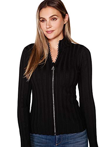 Women's Long Sleeve Zip Up Sweaters For Women Knit Cardigan With Diamond Zipper Black #TOP4