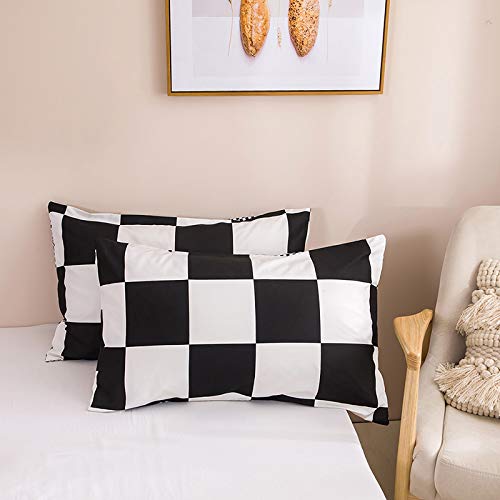 Fan Duvet Cover Set Twin Black And White Grid Checkered Plaid Pattern Boys Bedding Sets Reversible Modern Microfiber Comforter Cover + 1 Pillow Sham 51X66Cm #TOP4