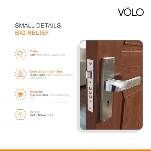 Image of VOLO Stainless Steel Mortise Lock | 8 Inch Lock Body | Main Door Handle Set with Keys | Wooden Door Lockset | Hotel Office Home Door Lock | 3 Keys | 10 Year Lock Body Warranty (Silver | KY | 6006)