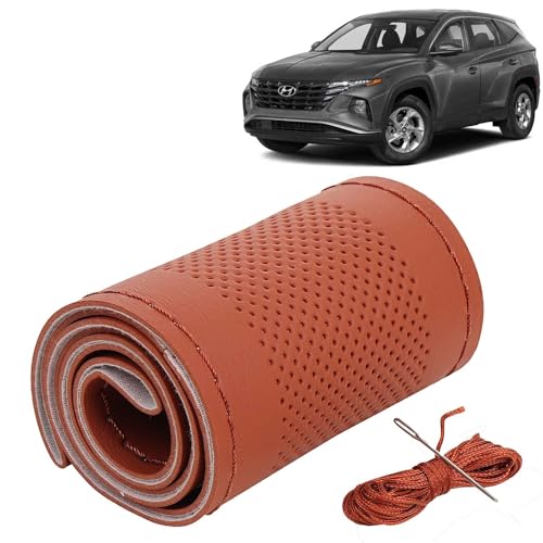 Image of KINGSWAY PU Leatherite Car Steering Cover Sewable Compatible with Hyundai Tucson (Year 2022 Onwards), Tan Color with Tan Thread, Pack of 1 with Sewing Needle and Thread