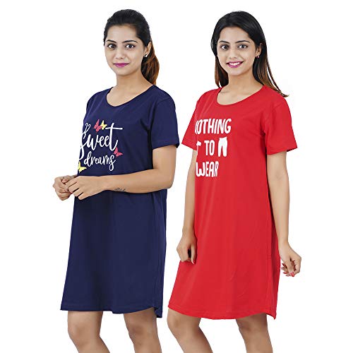 Image of Buy That Trendz Women's Long Tshirt Cotton Graphic Printed Knee Length Short Night Dress (Pack of 2)