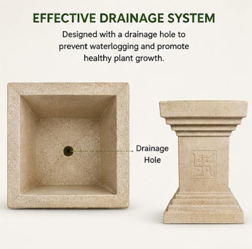 Image of Synergy Plast Tulsi Plant Pot for Indoor Outdoor Use (Sandstone) | Marble Finish Fiber Planter with Drainage Hole | Decorative Tulsi Gamla for Home Balcony Garden Terrace | Size:- 12X12X16 Inches