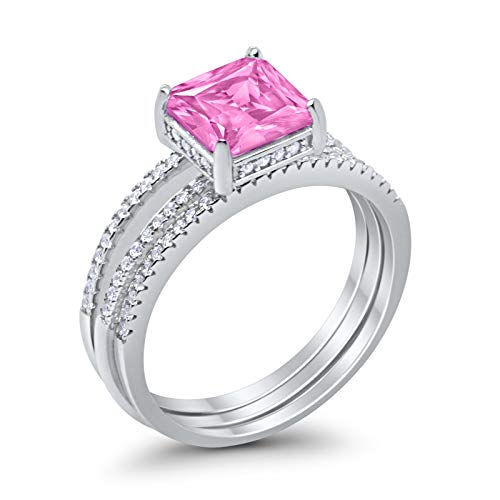 Blue Apple Co. Wedding Engagement Bridal Set 3 Piece Three Piece Princess Cut Round Cubic Zirconia 925 Sterling Silver4