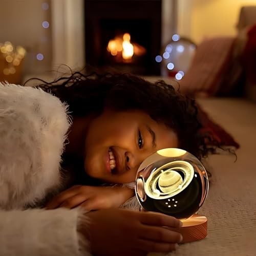Image of 3D Crystal Ball Night Light with Wooden Base, Aesthetic Clear LED Lamp for Home and Bedroom Touch Switch, Warm Light for Kids and Teens Perfect Birthday & Anniversary (Saturn Light)
