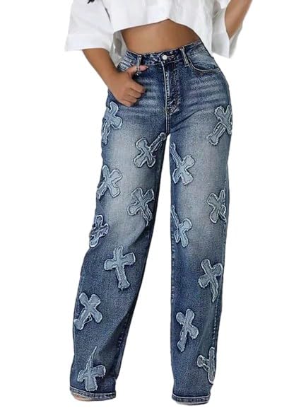 Womens Jeans high Waisted Embroidered Baggy Loose fit Vintage 90s Streetwear Hip hop Fashion Pants with 3D Cross Patches