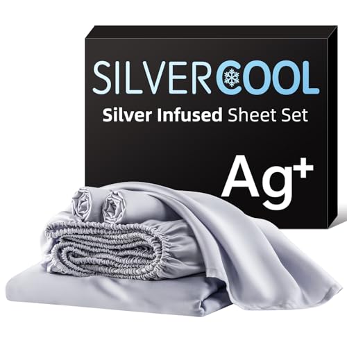 Bamboo Viscose & Silk Blended Silver Infused King Bed Sheets, 10% Silver for Permanent Self-Purifying & Clear Skin & Acne-Prone, Cooling Sheets Bedding for Hot Sleepers, Natural Odor Control Sheets
