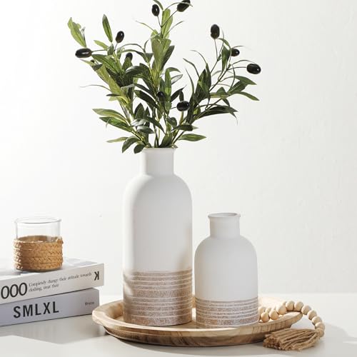 Ceramic Vase Set of 2 & 2Pcs Artificial Olive Leaves, Flower Vases Home Decor Rustic Vase Farmhouse Decor Vase Pottery Vase Boho Decorative Vase for Living Room, Bedroom,Bathroom