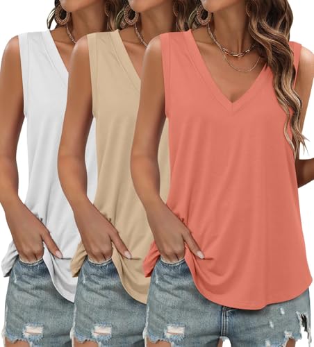 KKJ 3 Pack Womens Tank Tops Workout Summer Vacation Outfits V Neck Loose Sleeveless Blouse Casual Shirts Fall Fashion Clothes