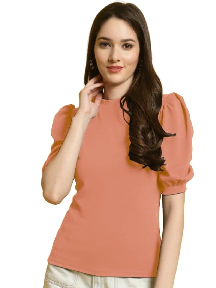 Image of Pinkmint Polyester Round Neck Puff Sleeve Elegant Casual Top for Womens & Girls ll Casual T-Shirt ll Fancy Summer Wear Tops (Pack of 1)