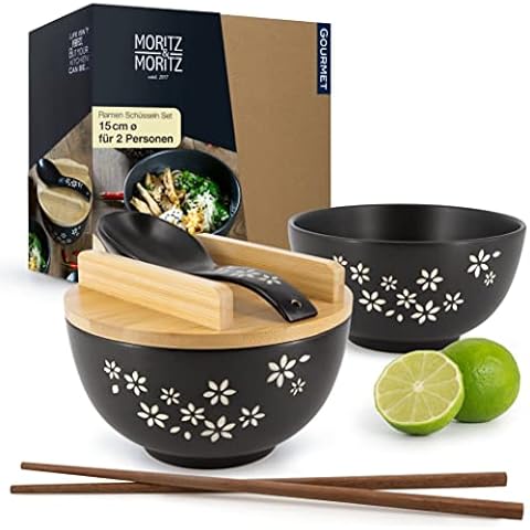 Moritz & Moritz 2X Ramen Schüssel Keramik - 600 ml - 15 cm Ø - Schwarzes Ramen Bowl Set für 2 Personen Cover