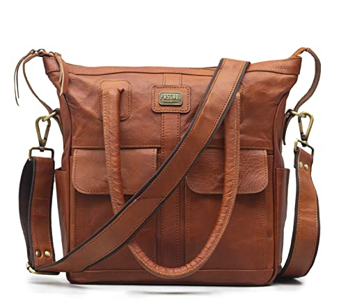 Pascado Vintage leather tote shoulder satchel bag for women handbag with pockets zipper