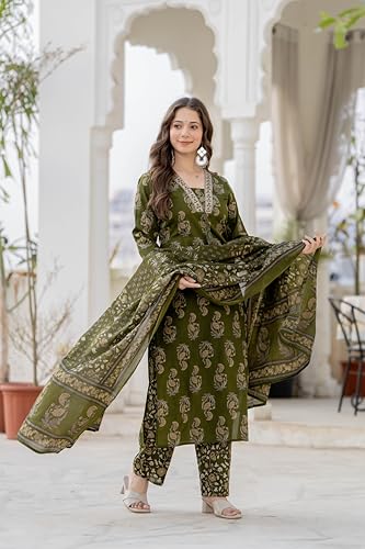 Image of PARTHVI Women's Cotton Printed Kurta Set with Pants & Dupatta | Elegant Ethnic Wear for Women | Floral Print | Comfortable Suit Set