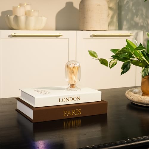 Image of Decorative Books with Storage (Dark Brown /Beige) - Set of 2 Faux Linen Book Boxes with Gold Stamped Covers - Enhance Your Coffee Table, Bookshelf - Hidden Storage for Photos, Keepsakes, and Jewelry