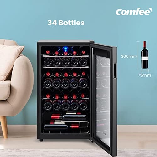 COMFEE' RCW96BG1(E) Under Counter Wine Cooler Fridge | 93L Freestanding Wine Fridges with Glass Door(34 Bottles) | LED Display & Touch Control | 7 Removable Shelves | 39dB Low Noise