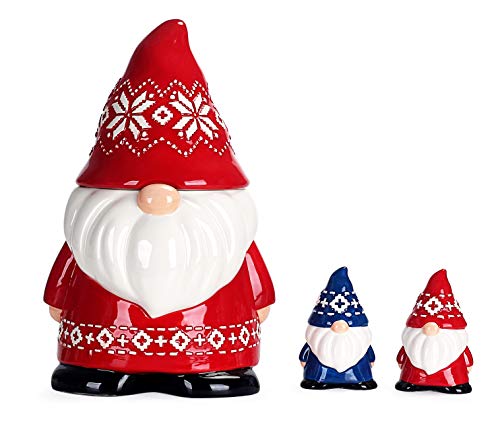 Bico Red Christmas Gnome 11 inch Air Tight Cookie Jar with Salt and Pepper Set, Handpainted, Dishwasher Safe