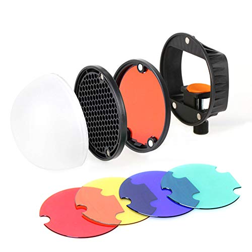 HUIOP Kit di accessori per modificatore di luce Flash Speedlite con adattatore di montaggio universale magnetico + sfera di diffusione + riflettore a griglia a nido d'ape + 4 filtri a collo