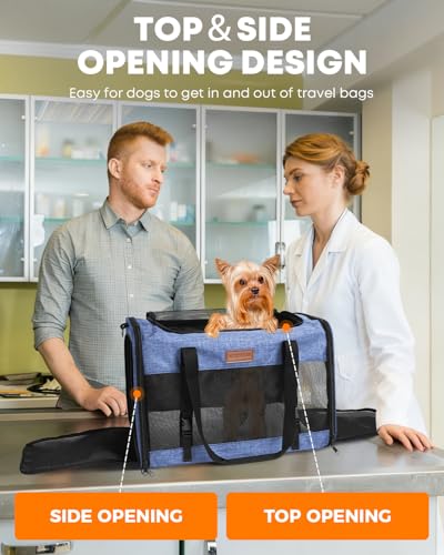 Image of Foldable Cat Dog Carrier for Pets up to 15 Lb, Blue | Top & Side Entry, Soft-Sided Pet Carrier with Ventilated Anti-Scratch Mesh & Car Seat Buckle for Car Travel, 20x13x13 in
