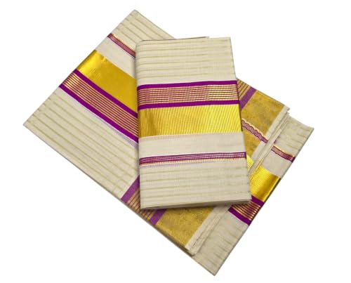 Image of Womens Kuthampully Set Mundu With Golden & Stripes Kara