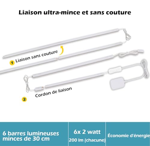 Cefrank Éclairage LED sous les armoires, 6 pièces, 30 cm, rampes lumineuses connectables sans soudure pour armoire, cuisine, étagère, établi, éclairage d'armoire, 1200 lumens, blanc 6000 K – vue 4