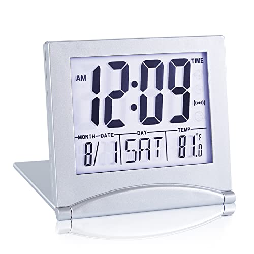 KANBIT Small Digital Travel Alarm Clock Battery Operated, Portable Large Number Display Loud Alarm Clock with Temperature, Night Backlight, 12 24 H Desk Clock -Silver (White Light)