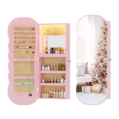 HNEBC LED Mirror Jewelry Cabinet,Wall or Door Mounted Jewelry Armoire Organizer with Lights,Lockable Wide Wavy Mirror with Storage,42.5" L Full Length Mirror with Jewelry Storage,Interior Mi