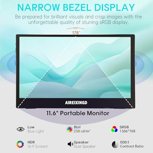 Image of Portable Monitor 11.6inch 1366 * 768P HD，Weighs 450g Built-in Stand，Small Monitor Compatible Type-C /Mini HDMI Ports，External Monitor Compatible with Laptop, PC, Mac, Phone.Travel Monitor.