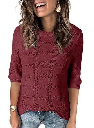 Dokotoo Women's Casual Short Sleeve Loose Tunic Tops Lightweight Crochet Knit Summer Sweaters Blouses