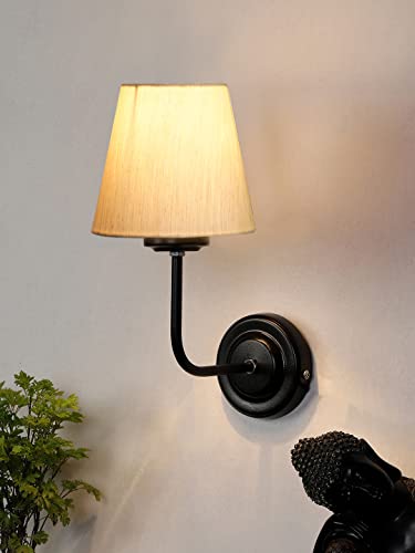 Image of Wall Sconce Wall Lamp (H-10 Inches, Beige) for Living Room /Bedroom, Hall, Study, Kids Room, Home Office, Balcony Decor | Black Metal Finish, Modern Indoor Wall Light Night Ambient Lighting