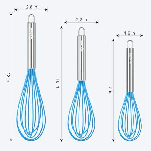 Image of NileHome Whisk Commercial Stainless Steel wisk & Silicone Non-Stick Coated Small Whisk Set 8 inch 10 inch 12 inch Kitchen Wisk Wire Whisks for Cooking 3 Pack, Bule
