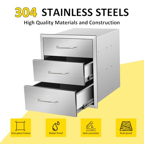 Image of Outdoor Kitchen Drawers 18 inch W x 21 inch H x 21 inch D Flush Mount Triple BBQ Drawers with Chrome Handle Stainless Steel Drawer for Outdoor Kitchen Island, Patio Grill Station