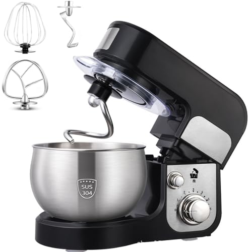 Batidora de pie de alta potencia con tres cabezales de mezcla, 300 W, 6 velocidades ajustables, cuenco de acero inoxidable de 3 L con protector contra salpicaduras para cocina