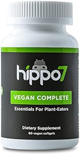 Hippo7 Vegan Complete Multivitamin Vitamin B12, Vitamin D, Omega-3 DHA+EPA, Calcium, Iodine, Zinc & Iron. (1 Bottle, 60 Softgels)